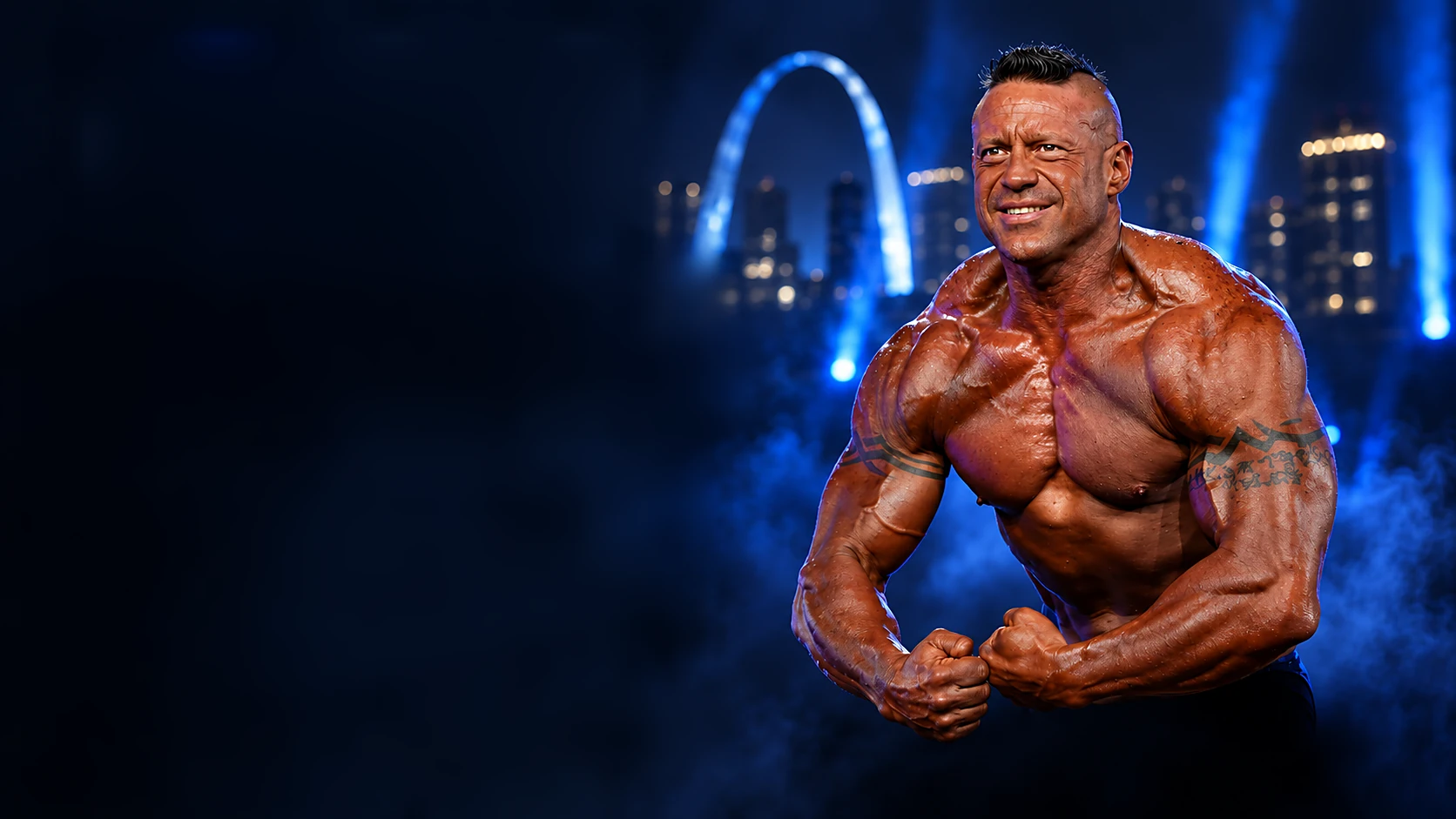 Chad on stage in St. Louis, flexing, the Gateway Arch lit blue behind him