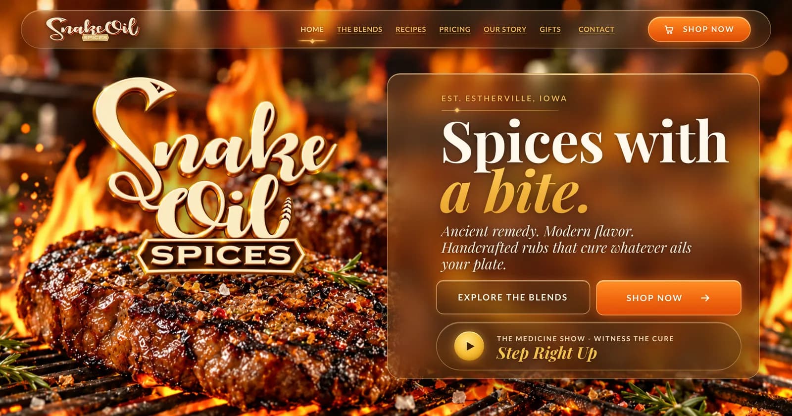 The Snake Oil Spices home page: the Snake Oil logo over a flame-grilled steak, with the headline Spices with a bite.