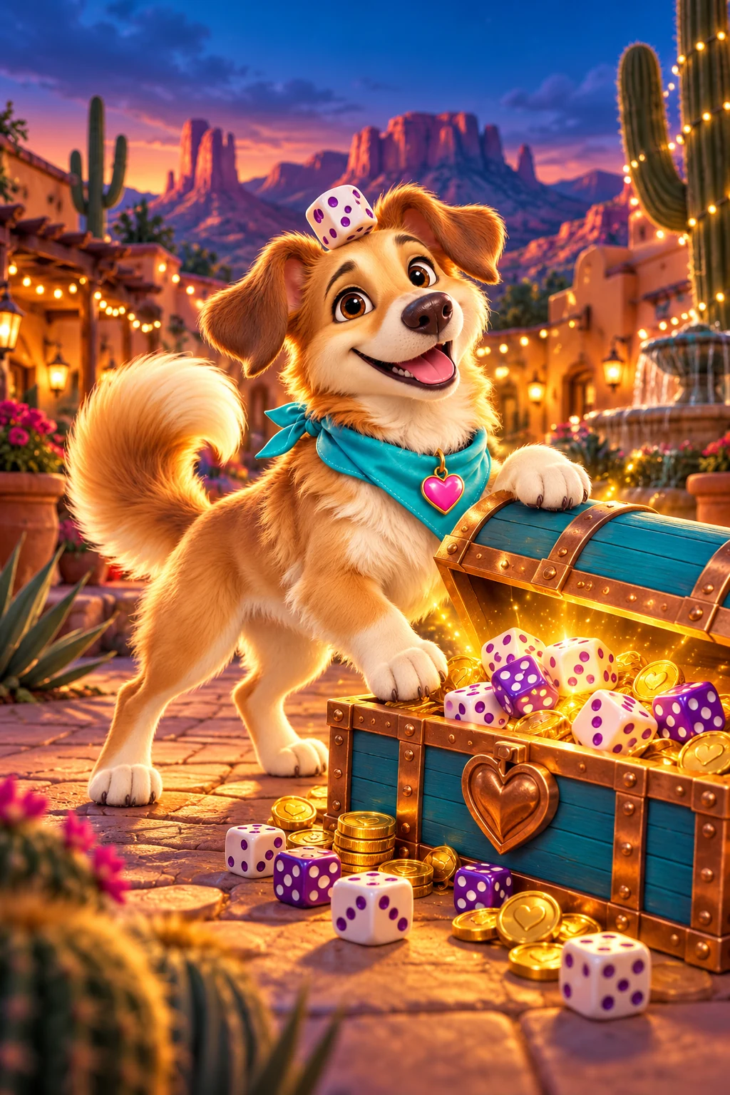 A cartoon pup with a treasure chest full of dice and gold coins