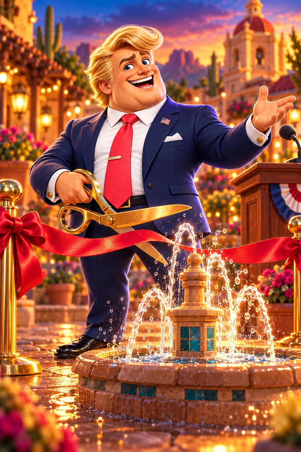 A cartoon ribbon cutting at a fountain in a desert plaza